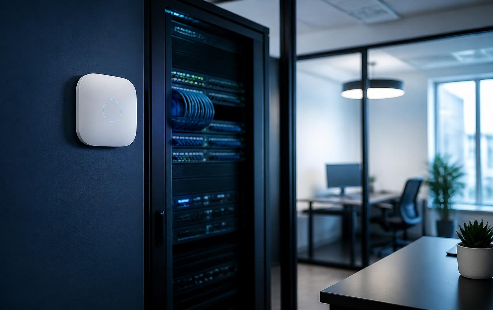 Network rack and wireless access point installed in a small business office